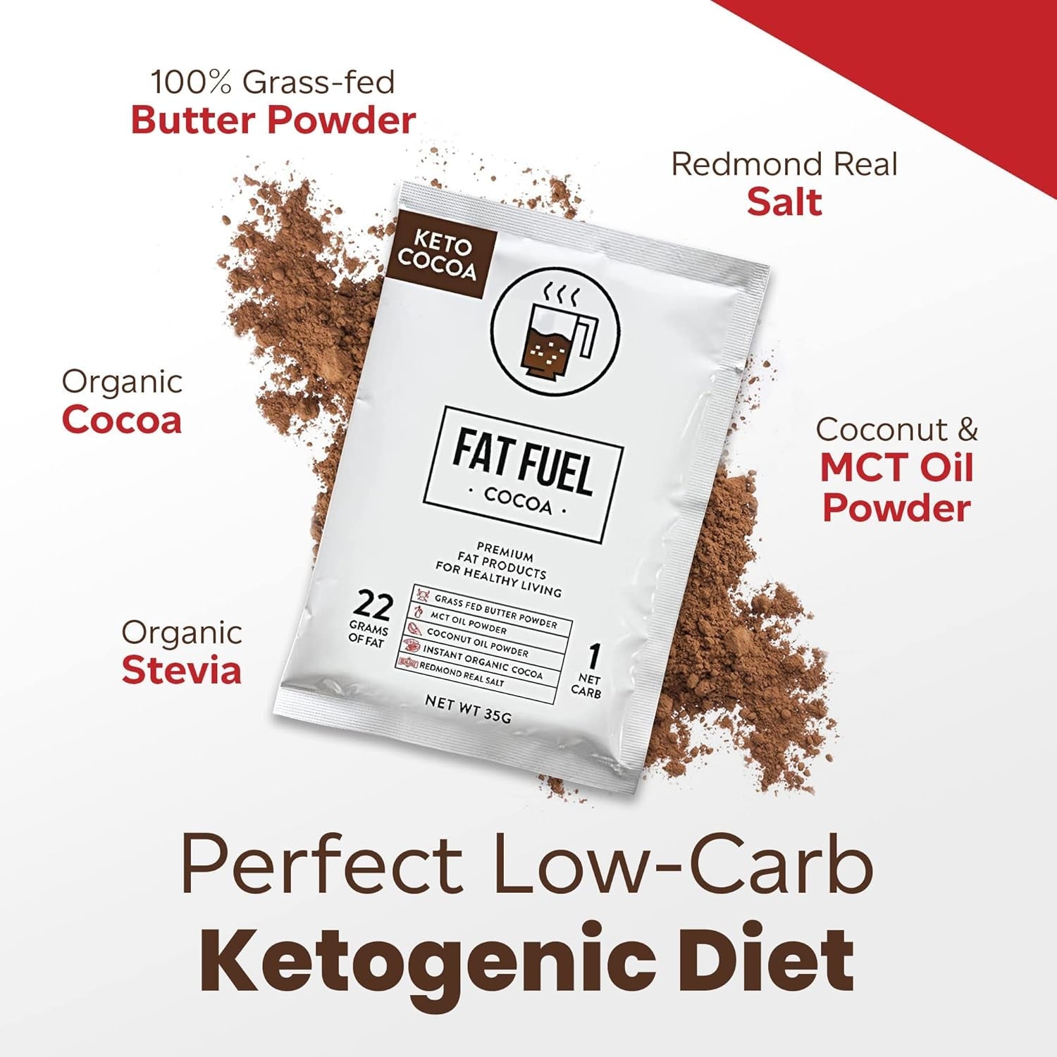 Fat Fuel Keto Cocoa 22G Premium Fats -  Instant Organic Cocoa, One Net Carb, a True Meal Replacement - 15 Servings
