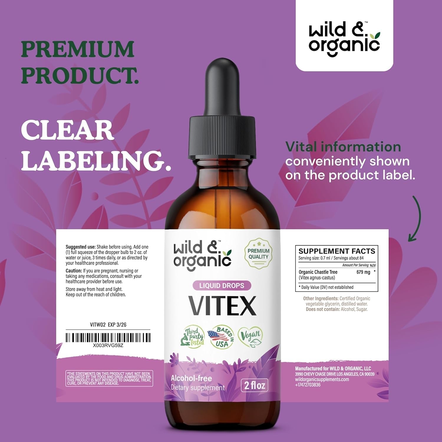 Wild & Organic Vitex Tincture - Liquid Chaste Tree Supplement for Mood Support - 2 Fl Oz