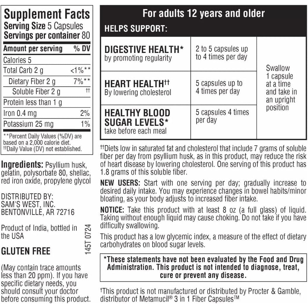 Member'S Mark 100% Natural Psyllium Husk Fiber Capsules, Digestive Health, 400 Count