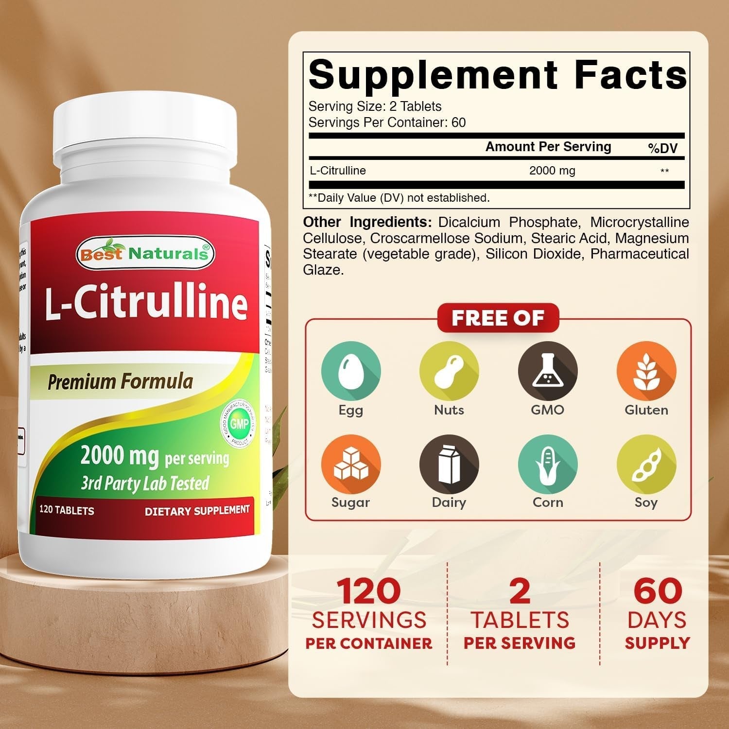 Best Naturals L-Citrulline 2000Mg/Serving - Non-Gmo - Gluten Free - 120 Tablets