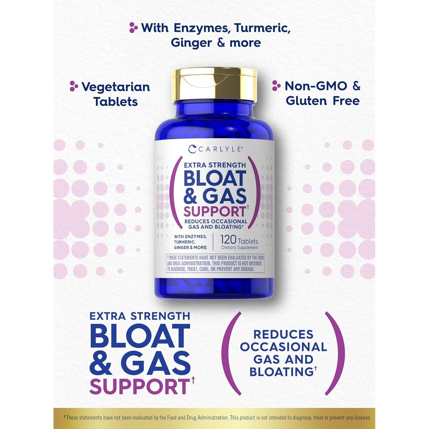 Carlyle Bloat & Gas Support | Supplement with Enzymes, Turmeric, Ginger & More 120 Tablets