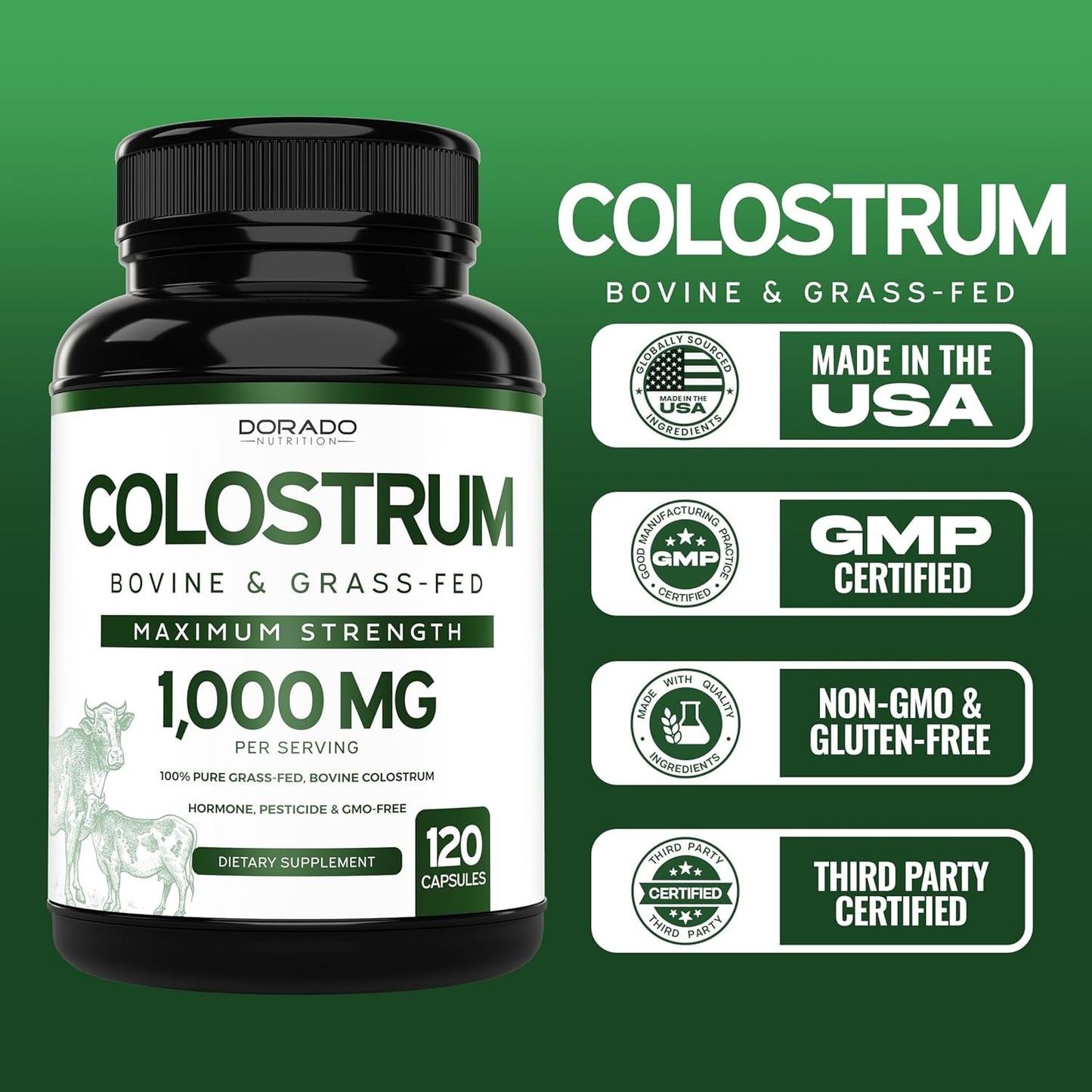 Colostrum Supplement (120 Count) 1000Mg per Serving - Grass Fed, No Fillers, Third Party Tested - USA Made