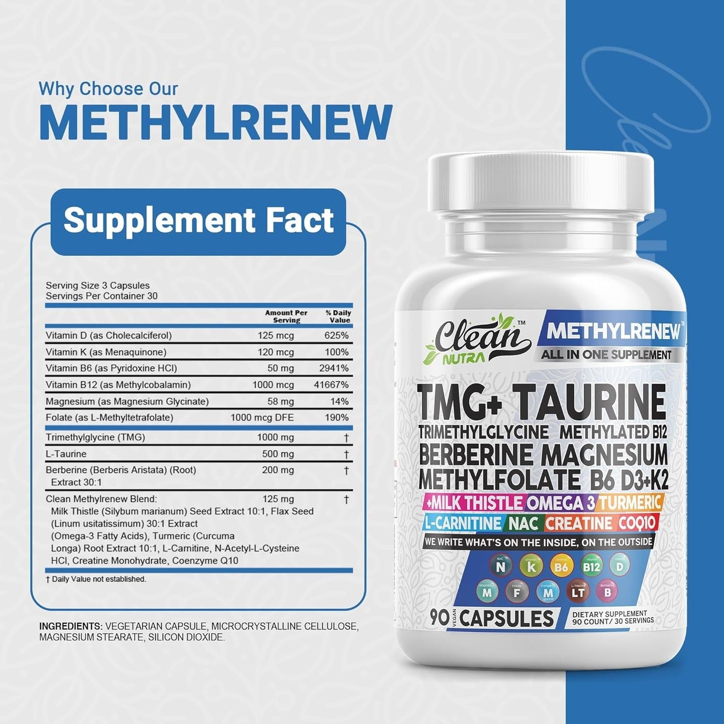 Clean Nutra Methylated Multivitamin for Women & Men TMG Taurine Supplement