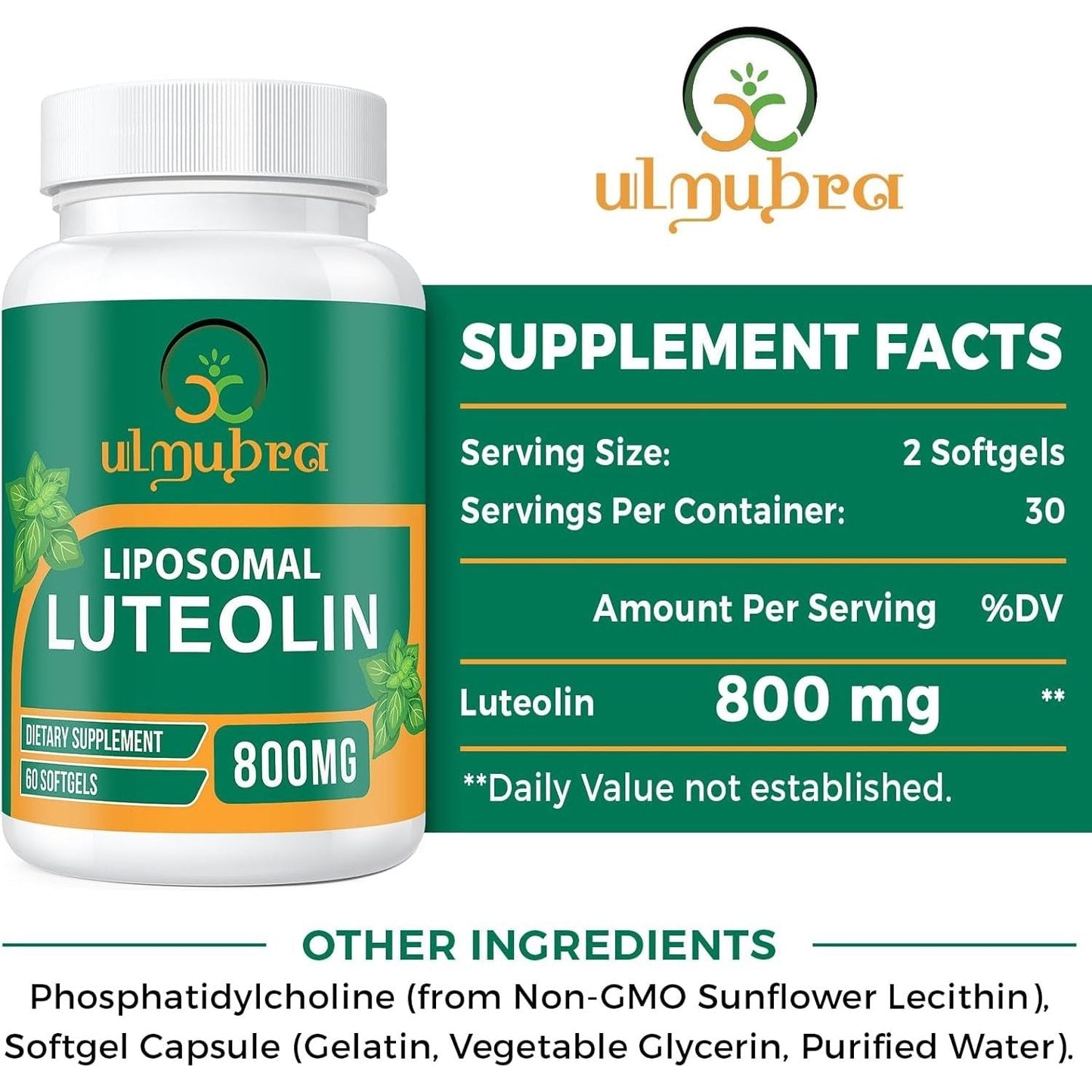 800 MG Liposomal Luteolin Supplement - Premium Antioxidant Supplement for Brain & Overall Well-Being 60 Softgels