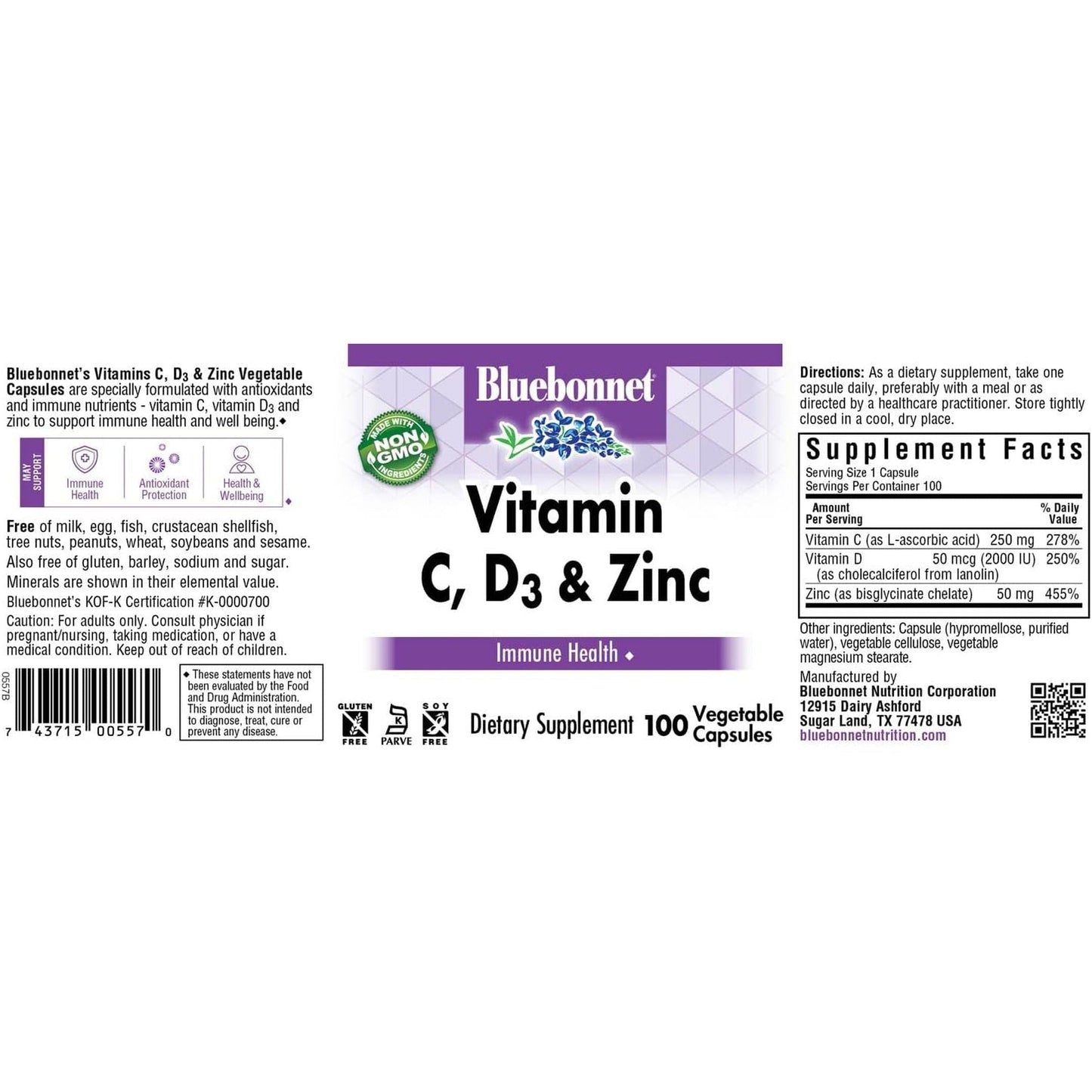 Bluebonnet Nutrition Vitamin C, D3 & Zinc for Immune Health and Respiratory Function, 100 Servings
