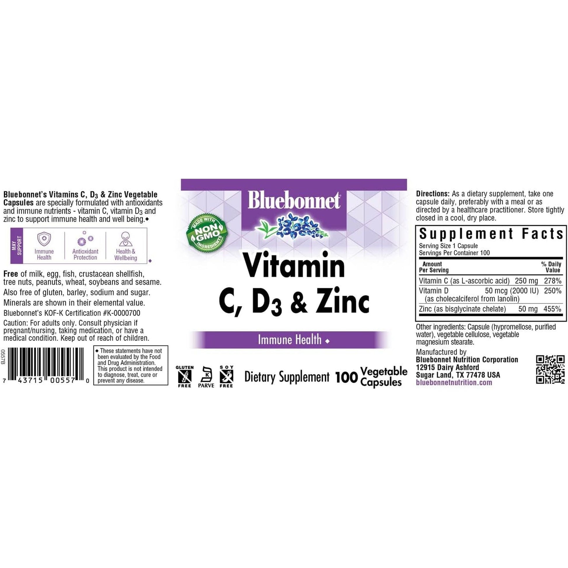Bluebonnet Nutrition Vitamin C, D3 & Zinc for Immune Health and Respiratory Function, 100 Servings