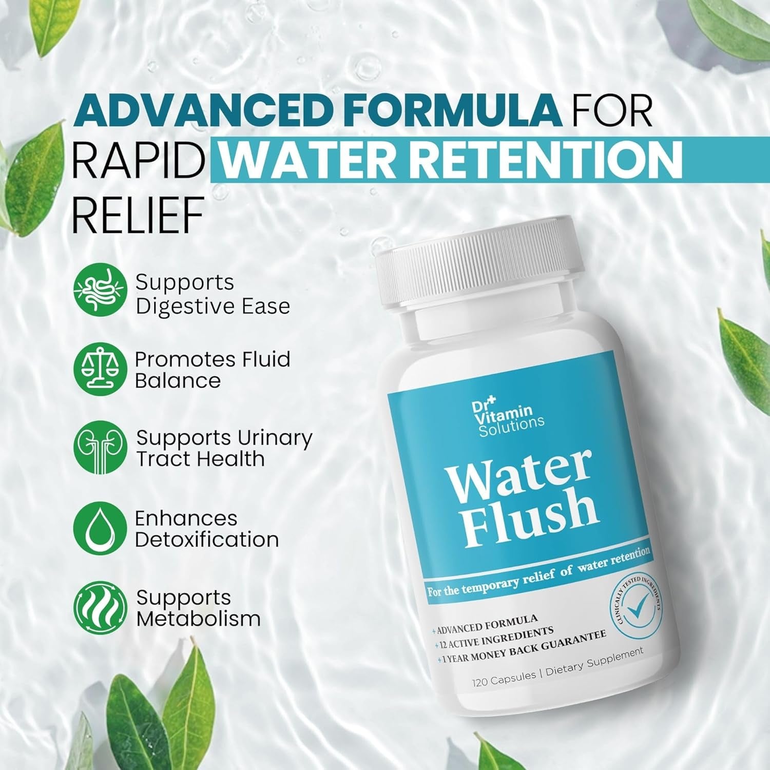 Dr Vitamins Diuretic Water Pills for Weight Control - Instant Natural Relief from Bloat and Swelling 120 Caps