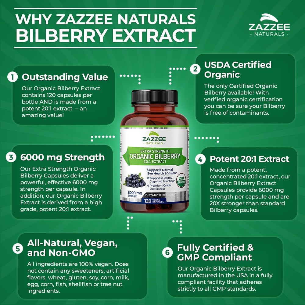 Zazzee USDA Organic Bilberry 20:1 Extract, 6000 Mg, 120 Vegan Capsules