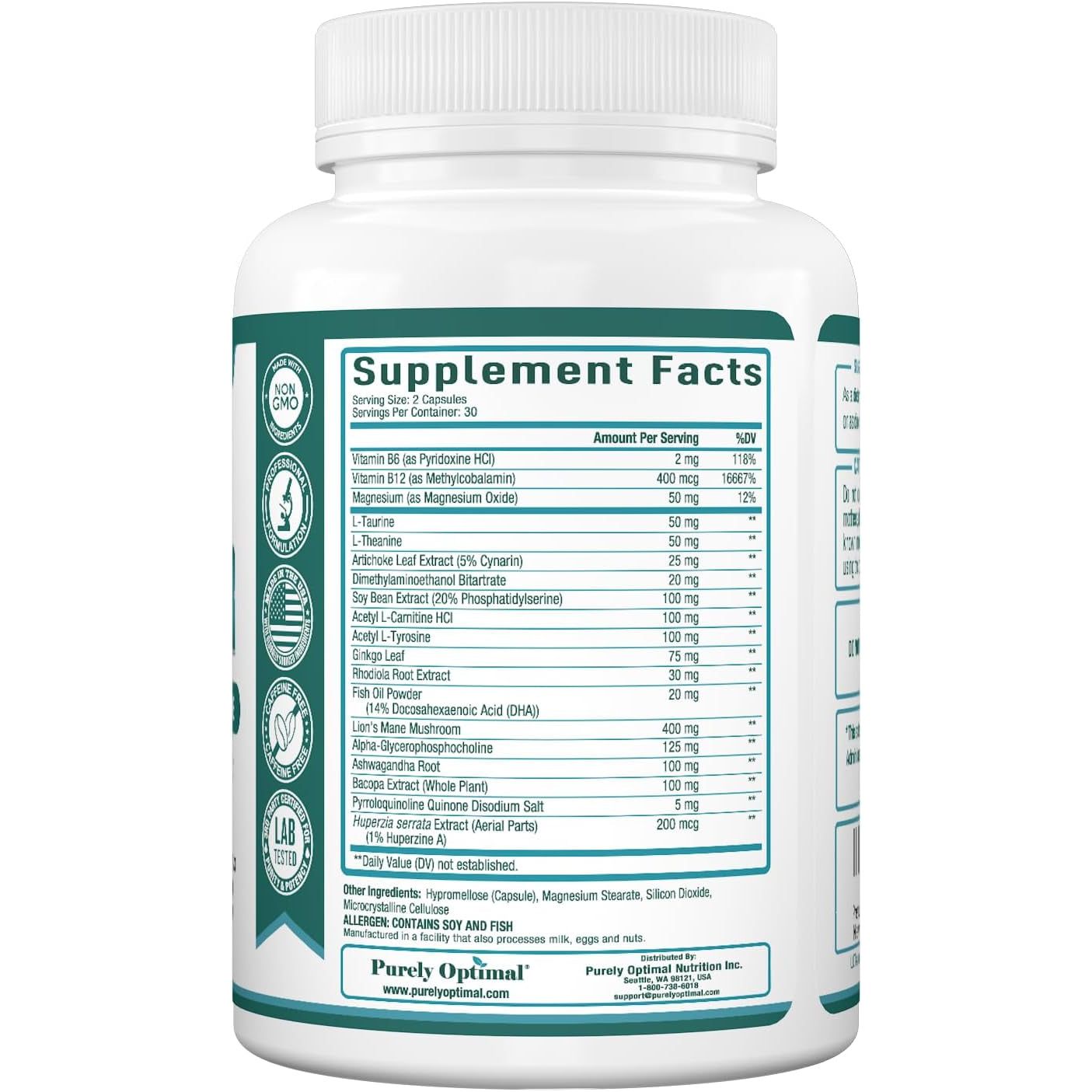 Purely Optimal Brain Supplement for Memory and Focus - 60 Capsules