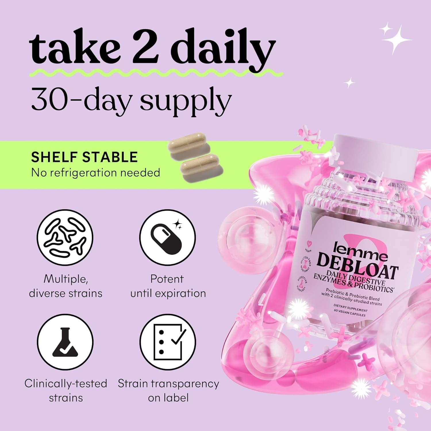 Lemme Debloat 3-In-1 Prebiotic, Probiotic & Digestive Enzyme Capsules for Bloating & Gas Relief 60 Count