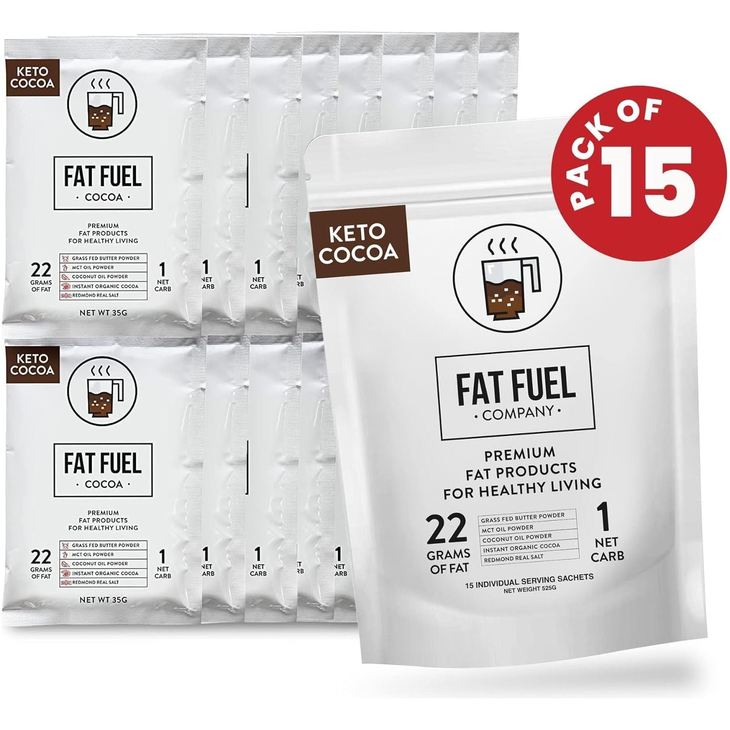 Fat Fuel Keto Cocoa 22G Premium Fats -  Instant Organic Cocoa, One Net Carb, a True Meal Replacement - 15 Servings