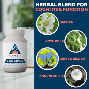 Ayush Herbs Bacopaplus - Bacopa Supplements, Organic Bacopa for Memory & Focus, Cognitive Support Pill 90 Capsules