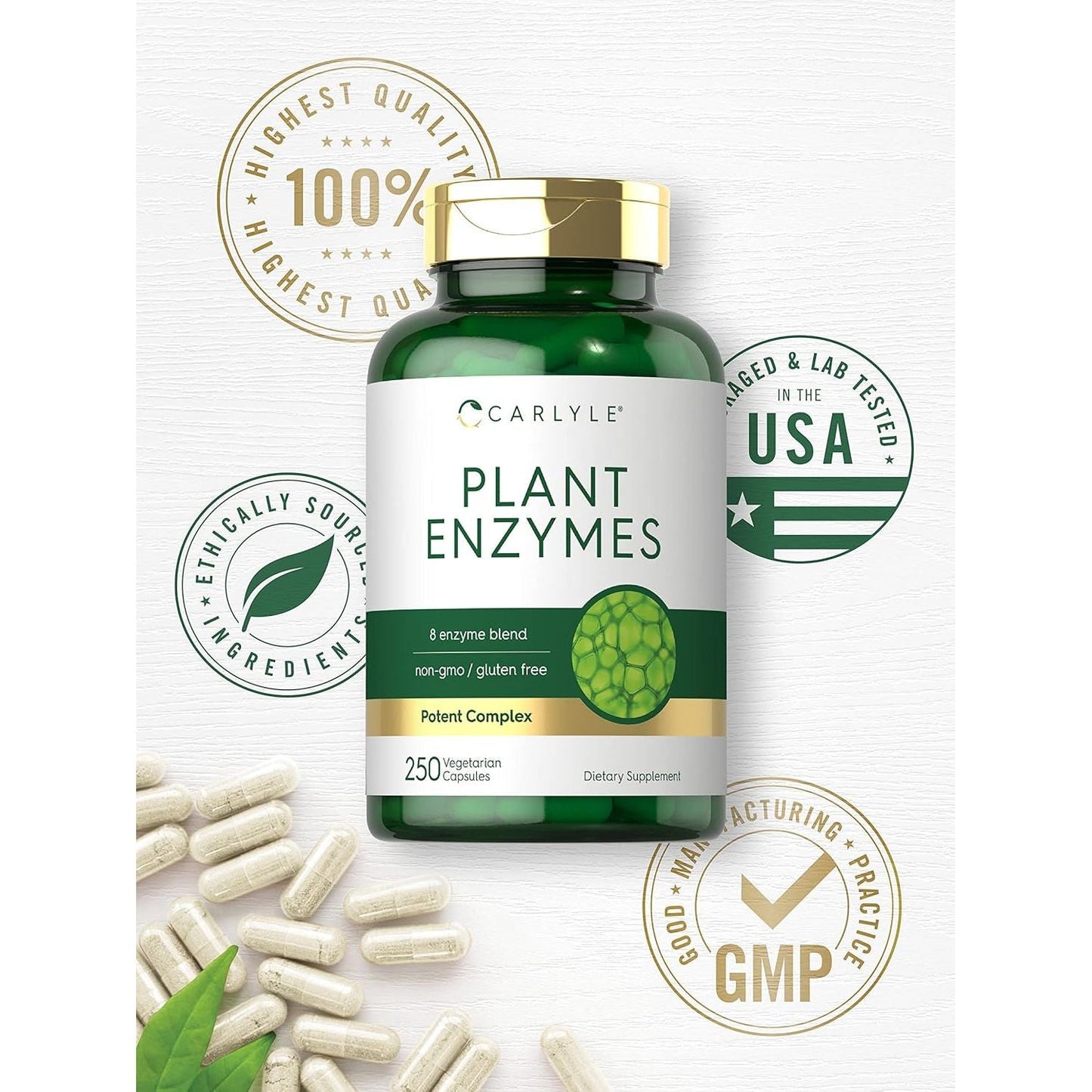 Carlyle Plant Enzymes with Protease, Papain, Lactase and Bromelain | 250 Capsules 