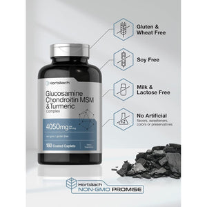 Horbäach Glucosamine Chondroitin with Turmeric & MSM | 4050 Mg | 180 Caplets | Triple Strength Formula