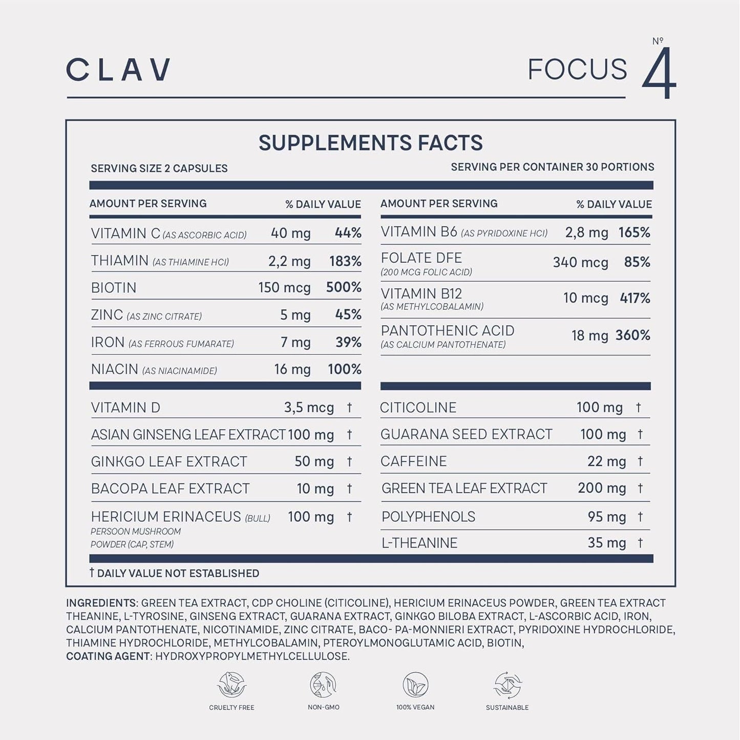 CLAV N°4 Brain Booster - Nootropics Brain Support Supplement for Memory & Focus - 60 Capsules