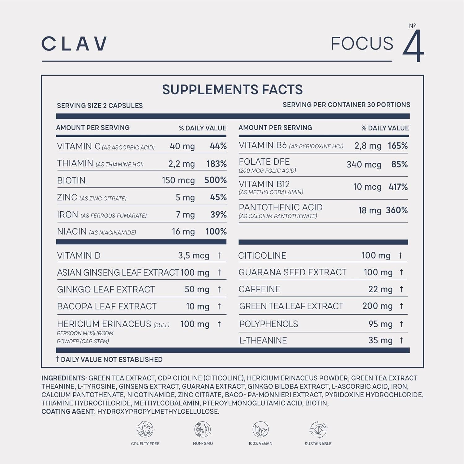 CLAV N°4 Brain Booster - Nootropics Brain Support Supplement for Memory & Focus - 60 Capsules