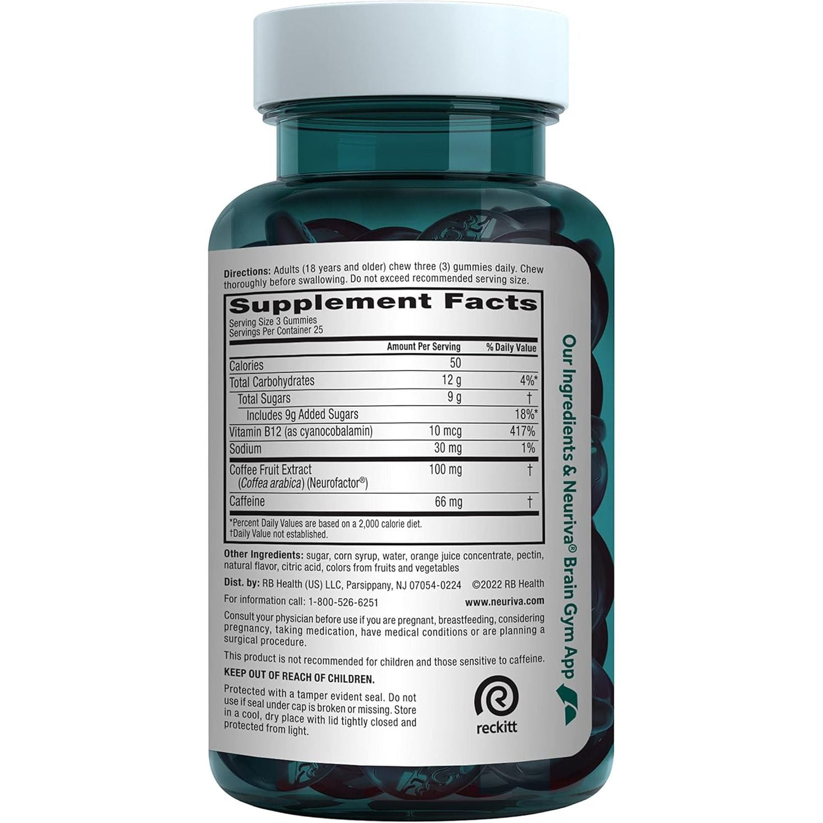 NEURIVA Brain + Energy Gummies, Nootropic Brain Supplements for Focus and Concentration 75 Count