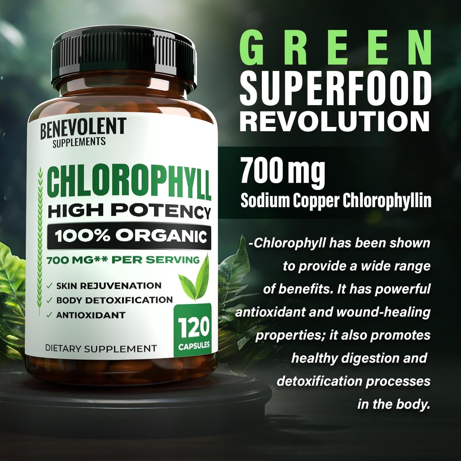 Benevolent Chlorophyll Capsules 700Mg - 100% Natural + Ultra Chlorophyll 20X Potency Concentration 120 Capsules