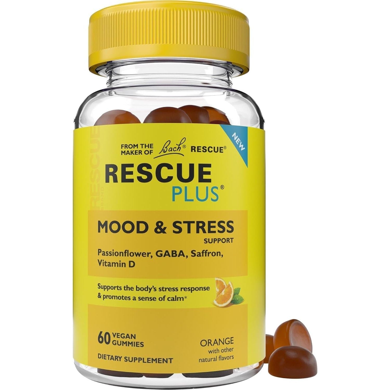 RESCUE Bach plus Mood & Stress Support Gummies with Passionflower, GABA, Saffron & Vitamin D, 60 Count