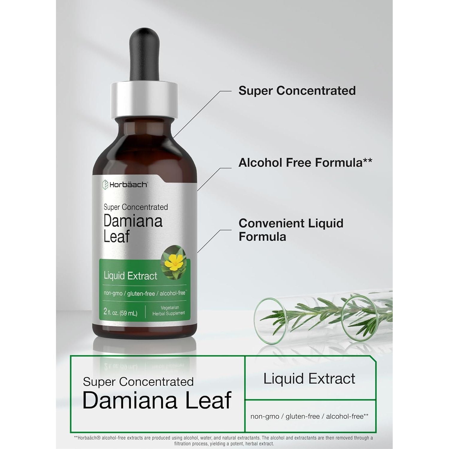 Horbäach Damiana Leaf Herb Tincture | 2 Fl Oz | Vegetarian, Non-Gmo & Gluten Free Herbal Supplement