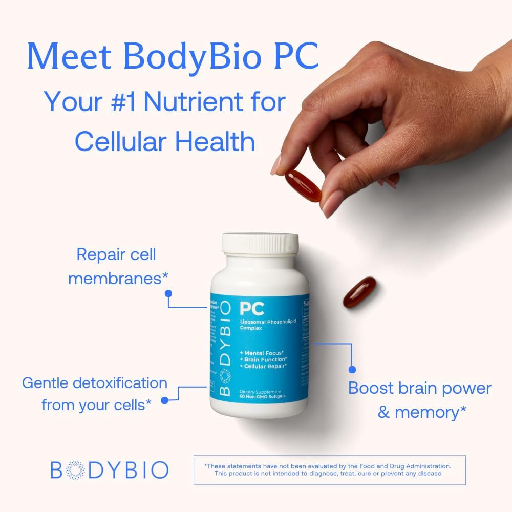 Bodybio PC - Brain Supplement for Memory, Focus and Clarity - Liposomal for Optimal Absorption 300 Softgels