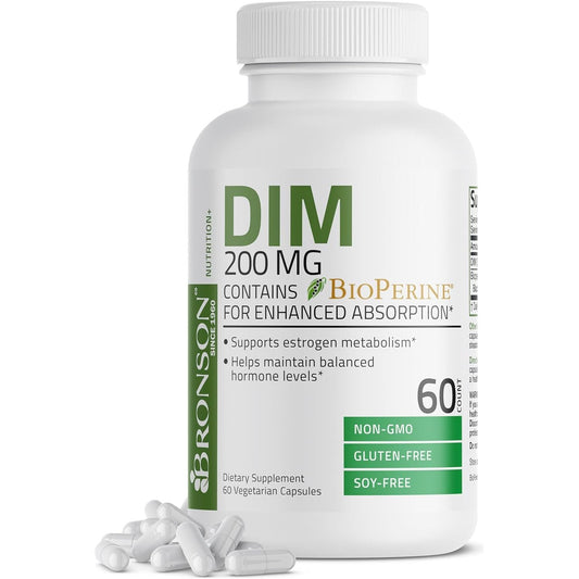 Bronson DIM 200 MG Supplement with Bioperine for Enhanced Absorption, Estrogen Metabolism & Maintains Balanced Hormone Levels, 60 Capsules