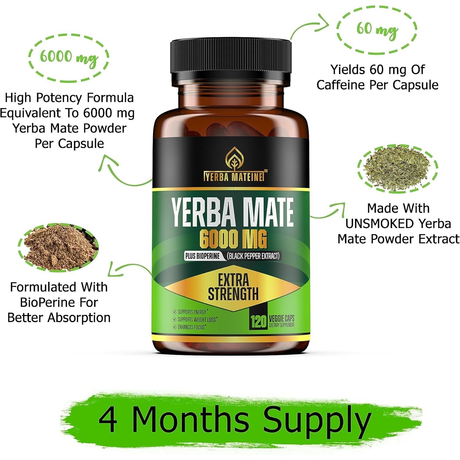 6000Mg Extra Strength Yerba Mate, 60Mg Caffeine per Capsule, for Clean Natural Energy, Improved Focus, Concentration - 120 Caps
