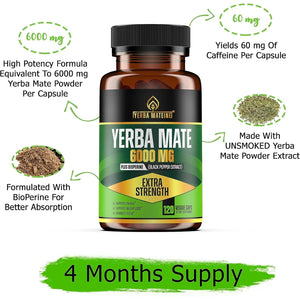 6000Mg Extra Strength Yerba Mate, 60Mg Caffeine per Capsule, for Clean Natural Energy, Improved Focus, Concentration - 120 Caps