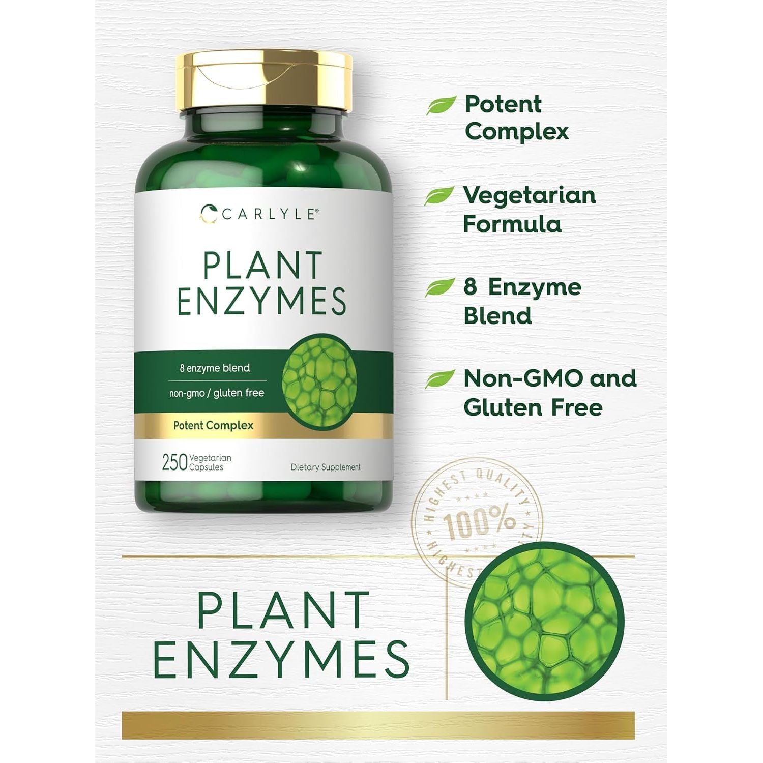 Carlyle Plant Enzymes with Protease, Papain, Lactase and Bromelain | 250 Capsules 