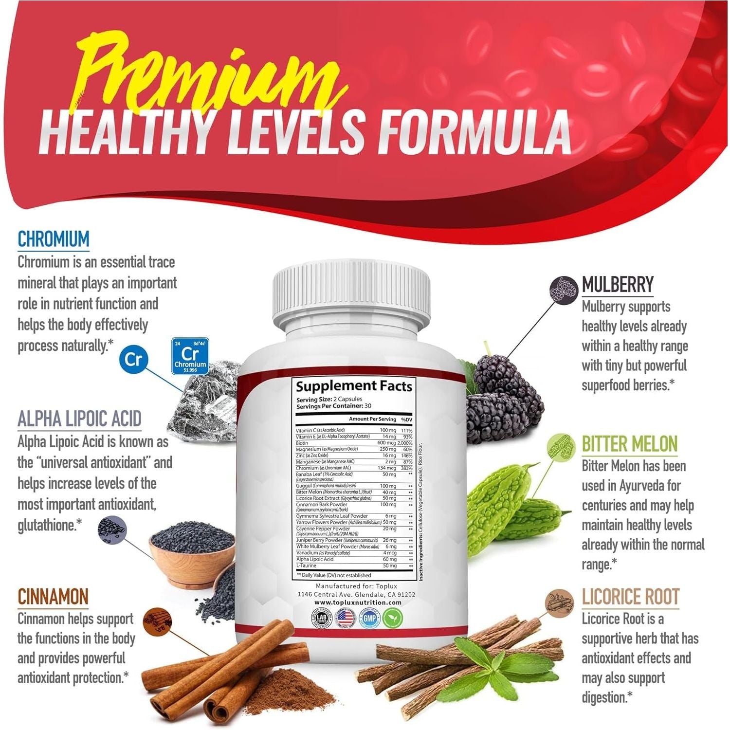 Blood Sugar Complex Supplement - Supports Healthy Blood Sugar Levels Already within Normal Range 60 Capsules