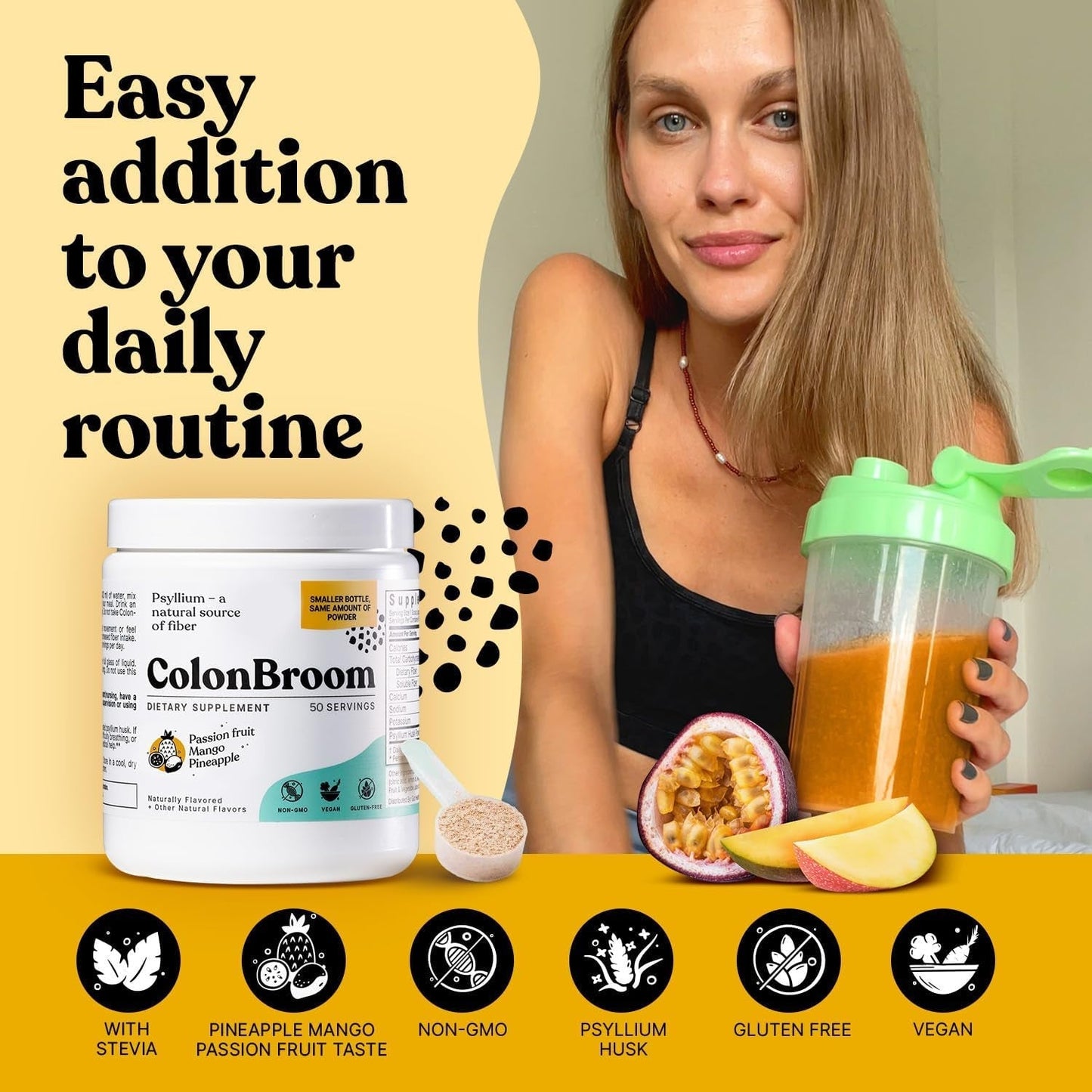 Colonbroom Psyllium Husk Powder with Stevia (Tropical Fruits) - Colon Cleanse for Bloating Relief & Gut Health 50 Servings