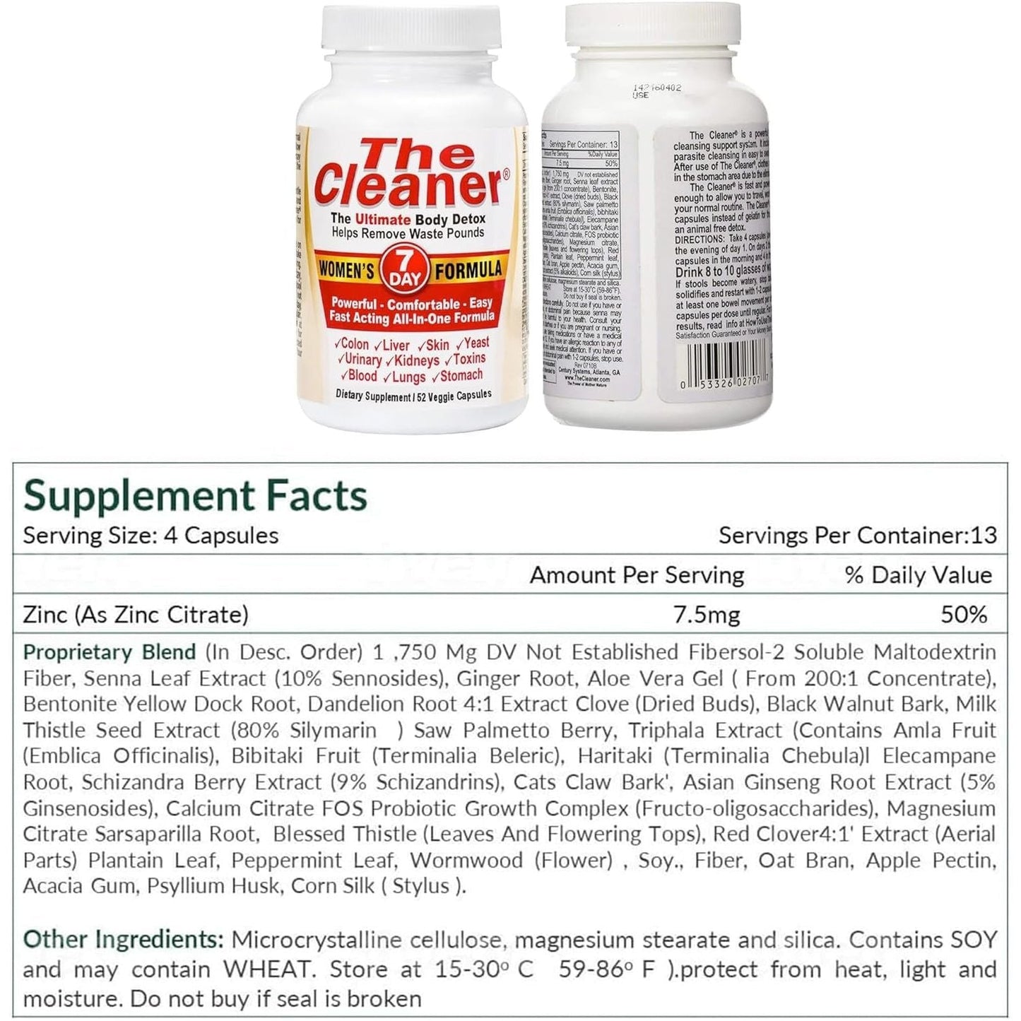 Century Systems the Cleaner Detox, Powerful 7-Day Complete Internal Cleansing Formula for Women, 52 Capsules
