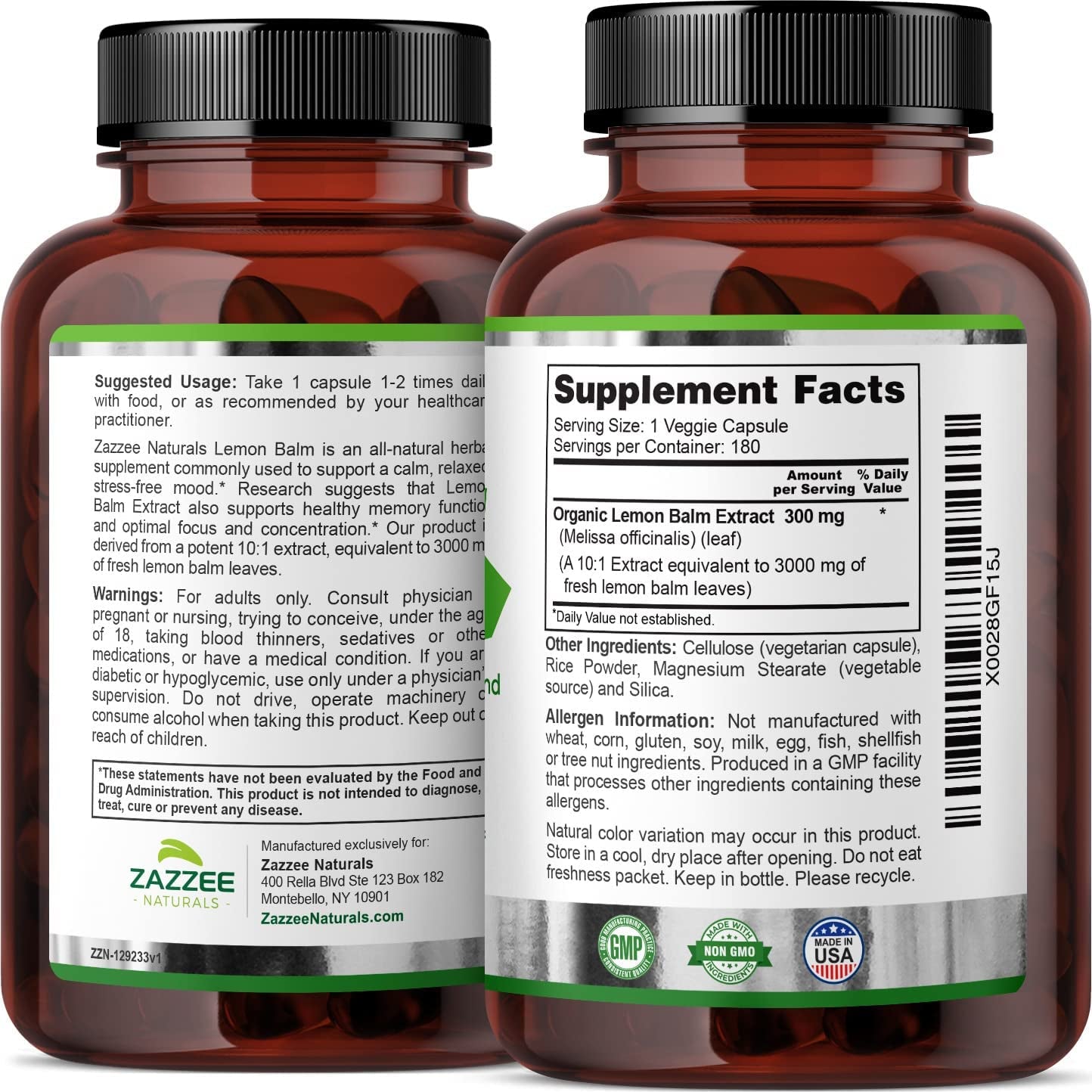 Zazzee Organic Lemon Balm 10:1 Extract (3000 Mg/180 Vegan Capsules)