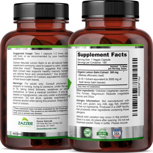 Zazzee Organic Lemon Balm 10:1 Extract (3000 Mg/180 Vegan Capsules)