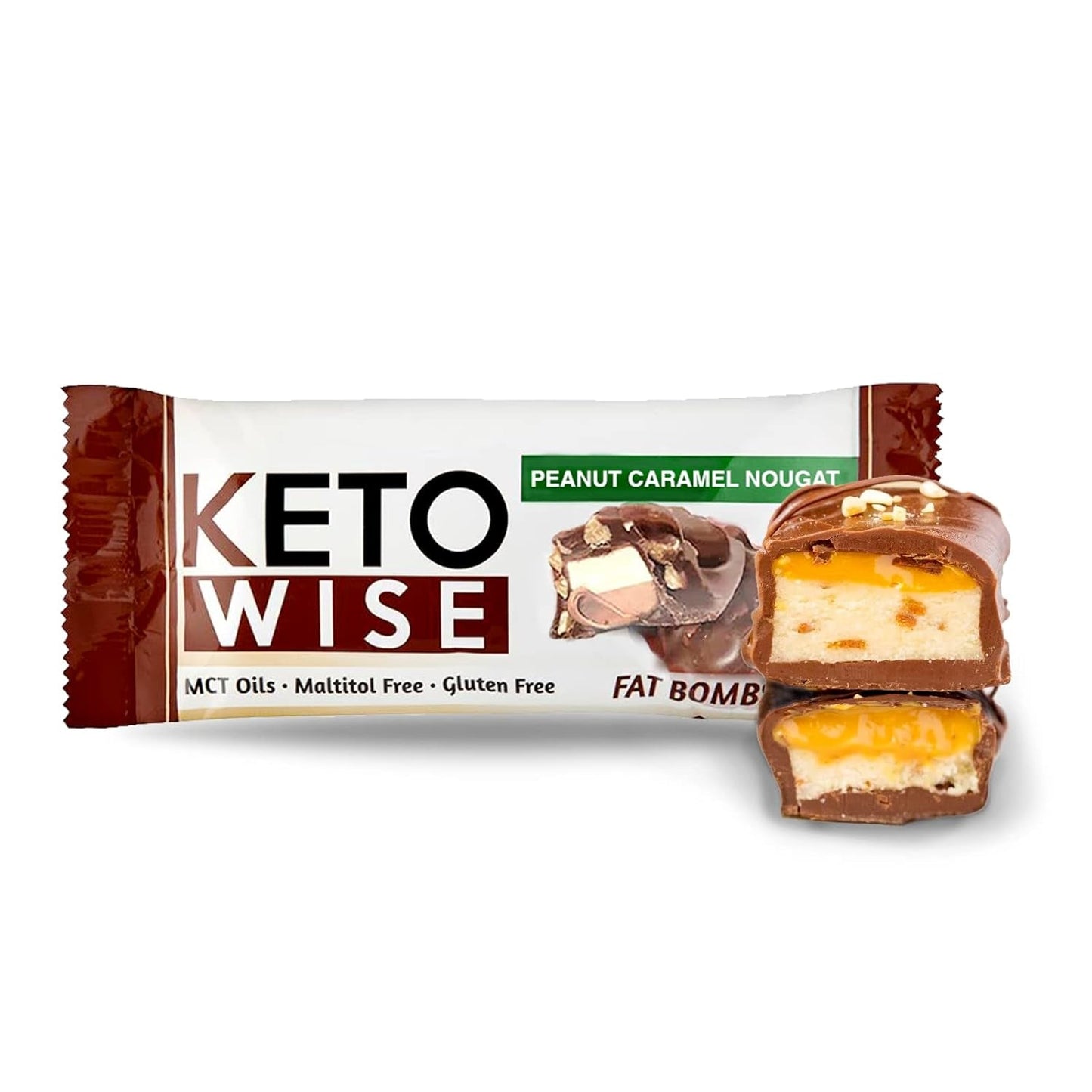 Keto Wise Fat Bombs - Made with Chocolate Containing MCT Oil - 7G Fat, 2G Net Carbs | Peanut Caramel Nougat, Pack of 16