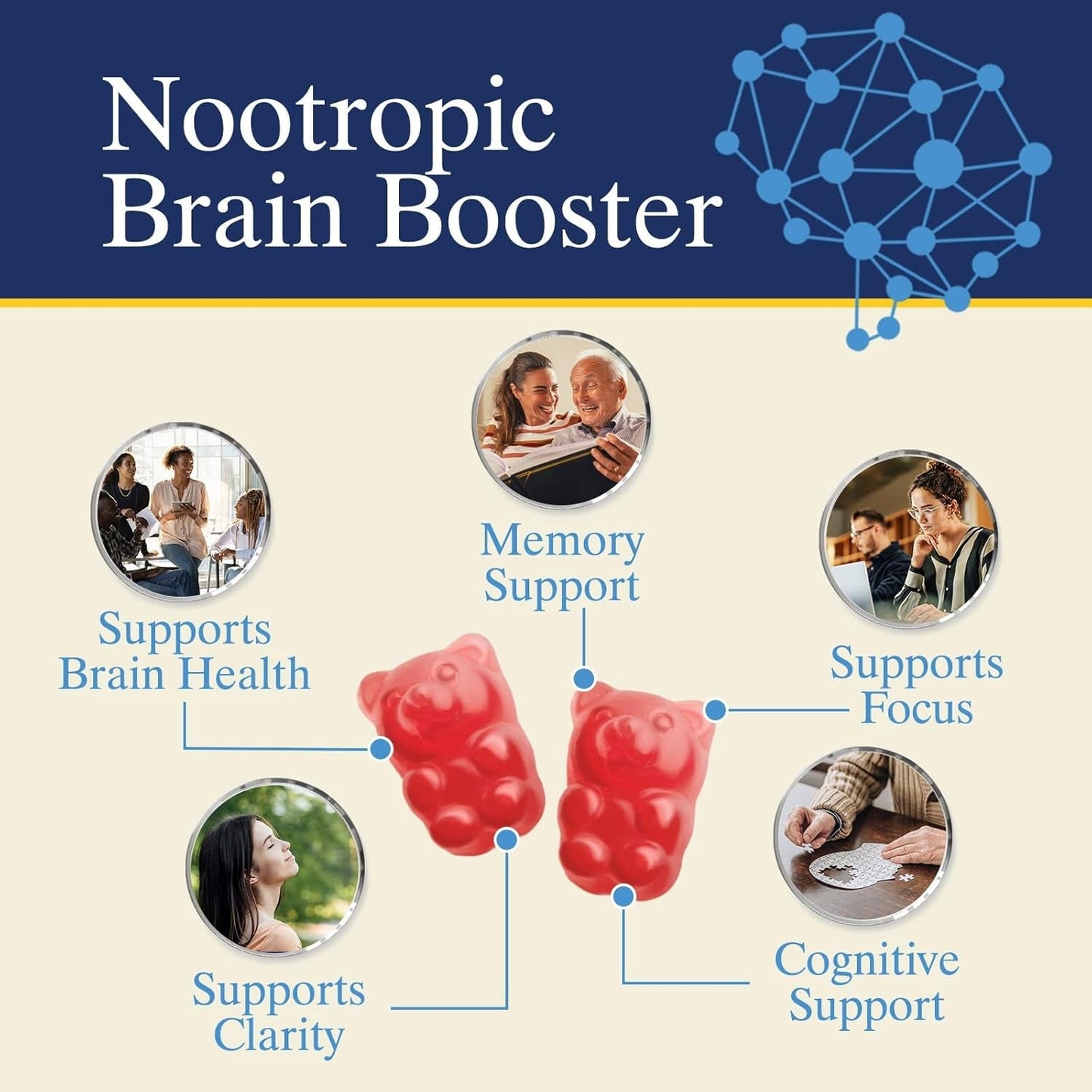 Brain Supplement Gummy for Memory, Focus & Concentration Support Gummies plus Nootropics - 60 Gummies