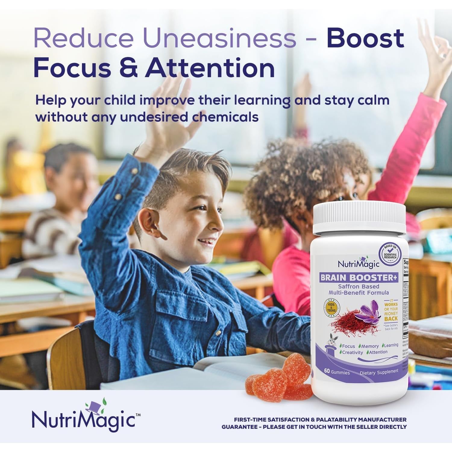 Brain Booster+ 30Mg Saffron-Based Multivitamin Gummies for Kids Focus & Mood Support, 60X Non-Gmo Gummy