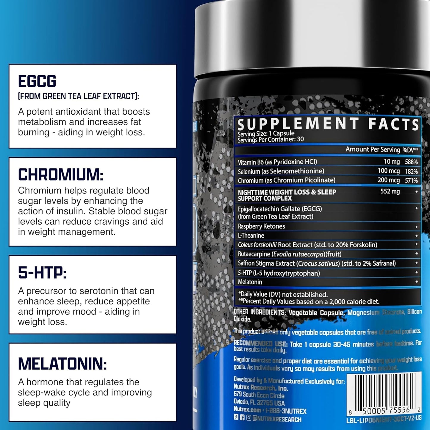 Nutrex Lipo 6 Nighttime Fat Burner | Melatonin Sleep Aid & Weight Loss Diet Pills 30 Servings 