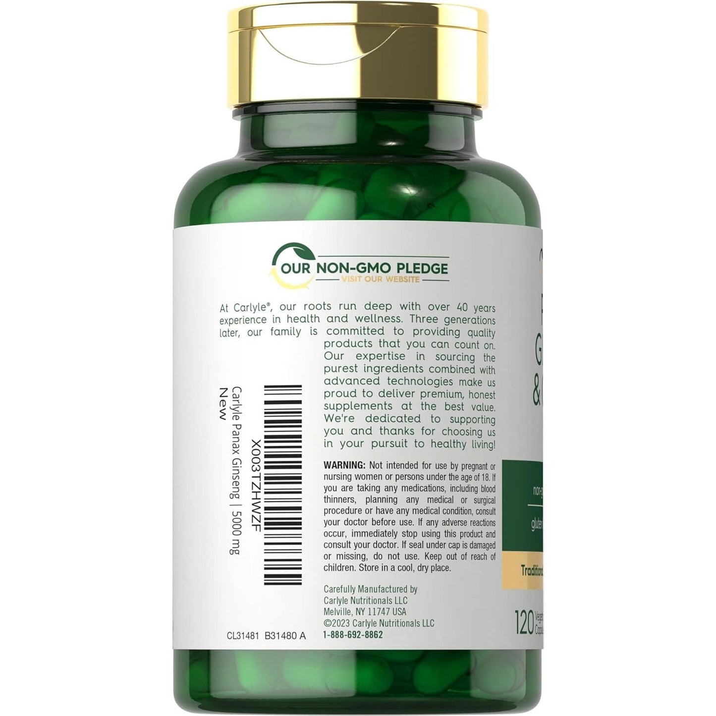 Carlyle Panax Ginseng + Ginkgo Biloba | 120 Vegetarian Capsules | 5,000Mg