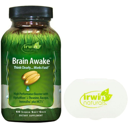 Irwin Naturals Brain Awake, Focus, Energy Booster Supplement with MCT Oil - 60 Liquid Soft-Gels Bundle Pill Case