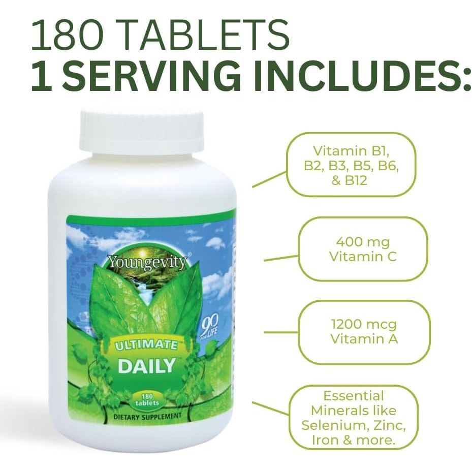 Youngevity Ultimate Daily Mega Multivitamin - 20+ Vitamins and Minerals W/ Coq10 - 180 Tablets