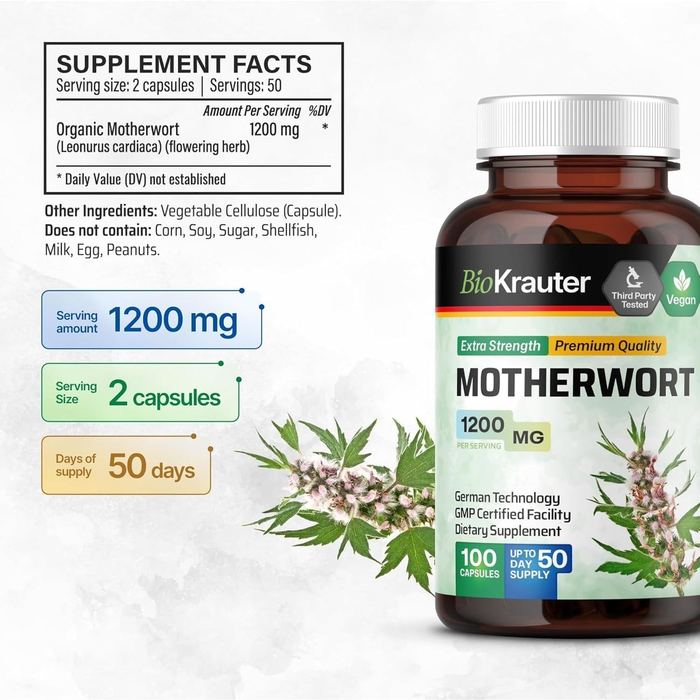 BIO KRAUTER Motherwort Capsules 1200 Mg - 100 Count - Promote Relaxation - for Women