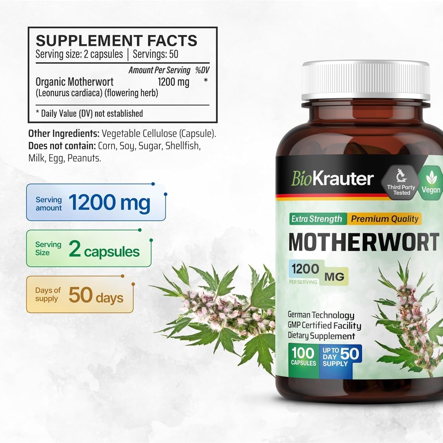 BIO KRAUTER Motherwort Capsules 1200 Mg - 100 Count - Promote Relaxation - for Women