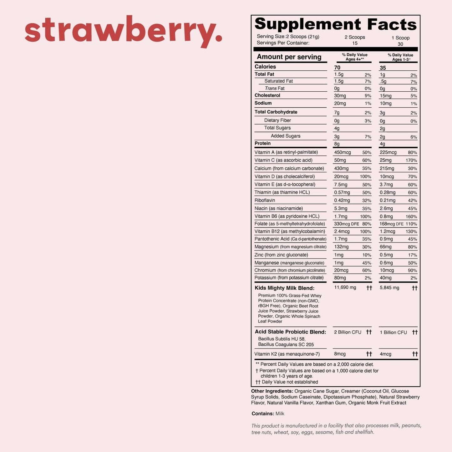 Mighty Strawberry Milk - Kids All-In-One Daily Protein Powder & Multivitamin Boosted with 2 Billion Probiotics & Organic Spinach 15-30 Servings