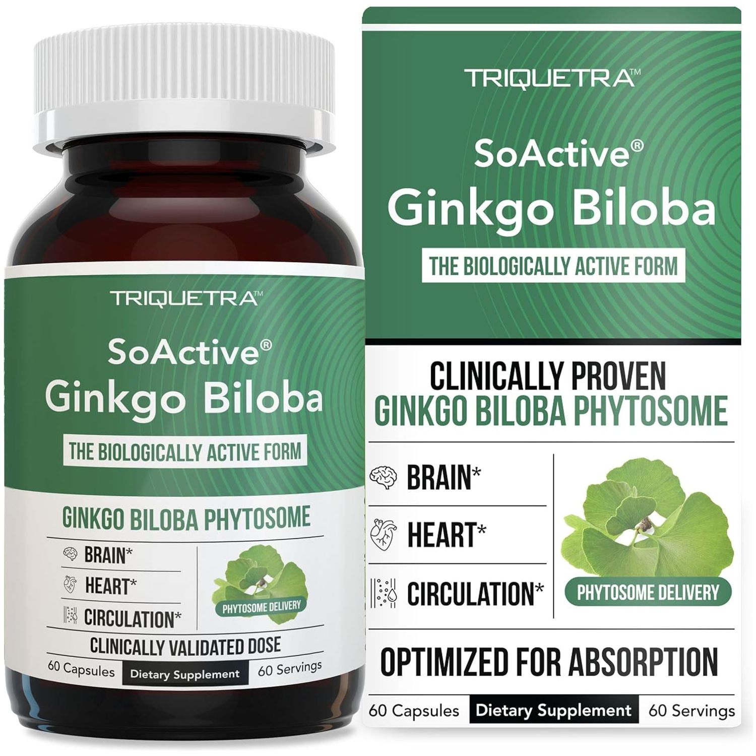 Soactive Ginkgo Biloba | Brain, Heart, Mood & Memory Support Supplement - (180 Mg/60 Capsule)