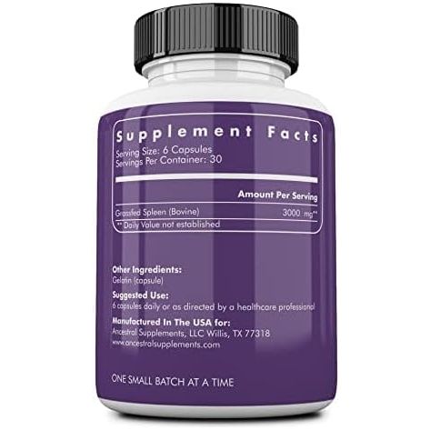 Ancestral Supplements Grass Fed Beef Spleen Supplement, 3000Mg Promotes Digestive, Immune, Iron, Energy and Allergy Health 180 Capsules