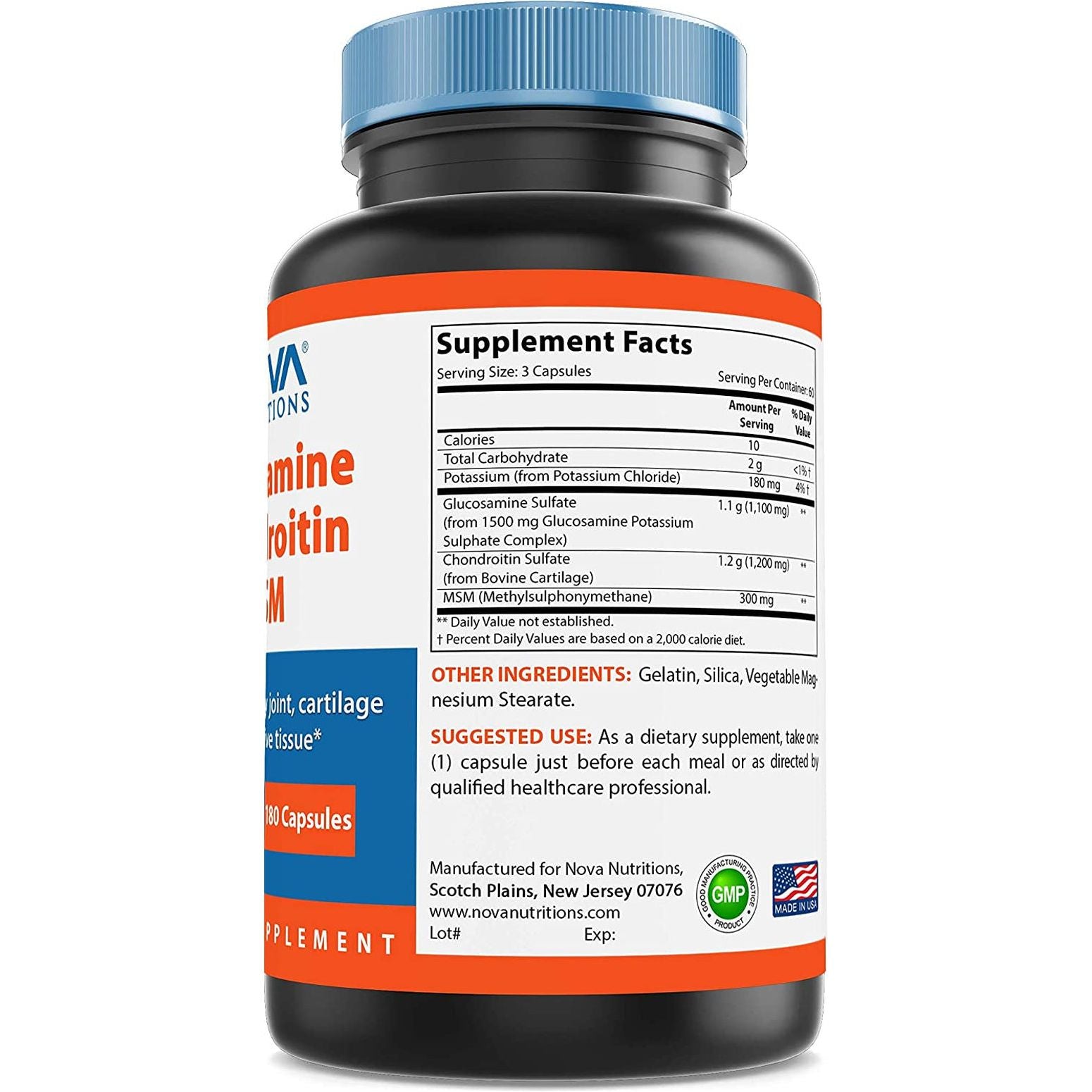 Nova Nutritions Triple Strength Glucosamine Chondroitin MSM 2600Mg/Serving, 180 Count