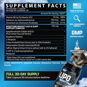 Nutrex Lipo 6 Nighttime Fat Burner | Melatonin Sleep Aid & Weight Loss Diet Pills (30 Servings)