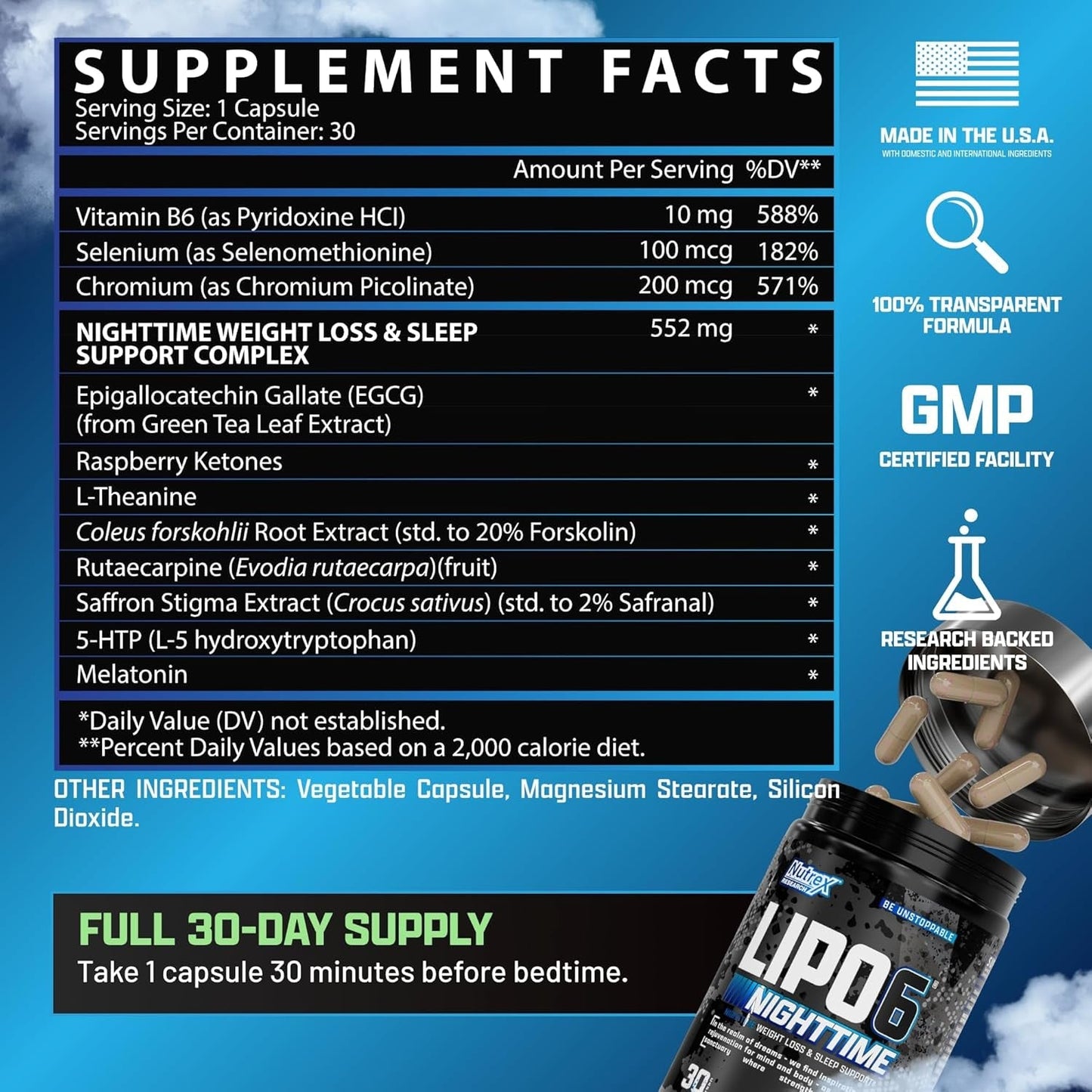 Nutrex Lipo 6 Nighttime Fat Burner | Melatonin Sleep Aid & Weight Loss Diet Pills 30 Servings 