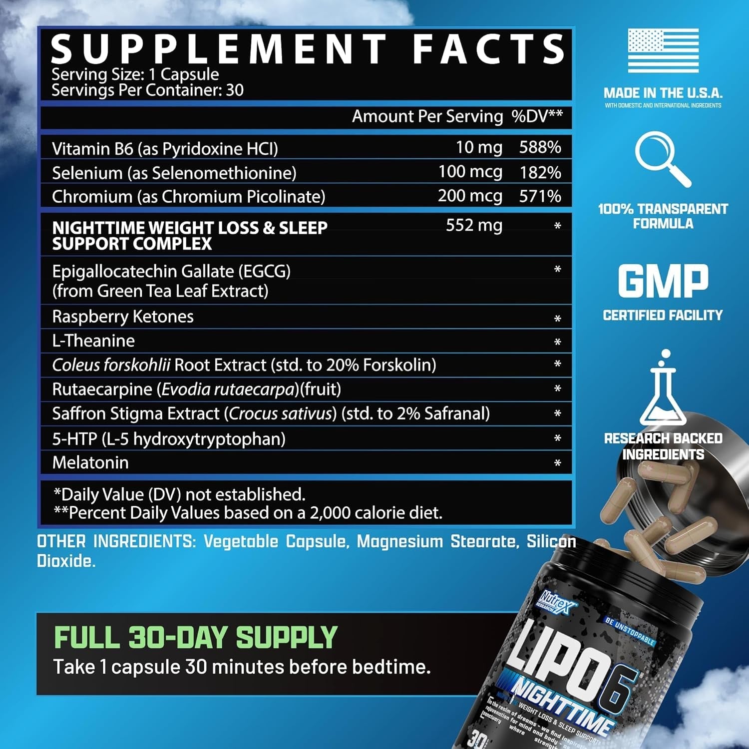 Nutrex Lipo 6 Nighttime Fat Burner | Melatonin Sleep Aid & Weight Loss Diet Pills 30 Servings 